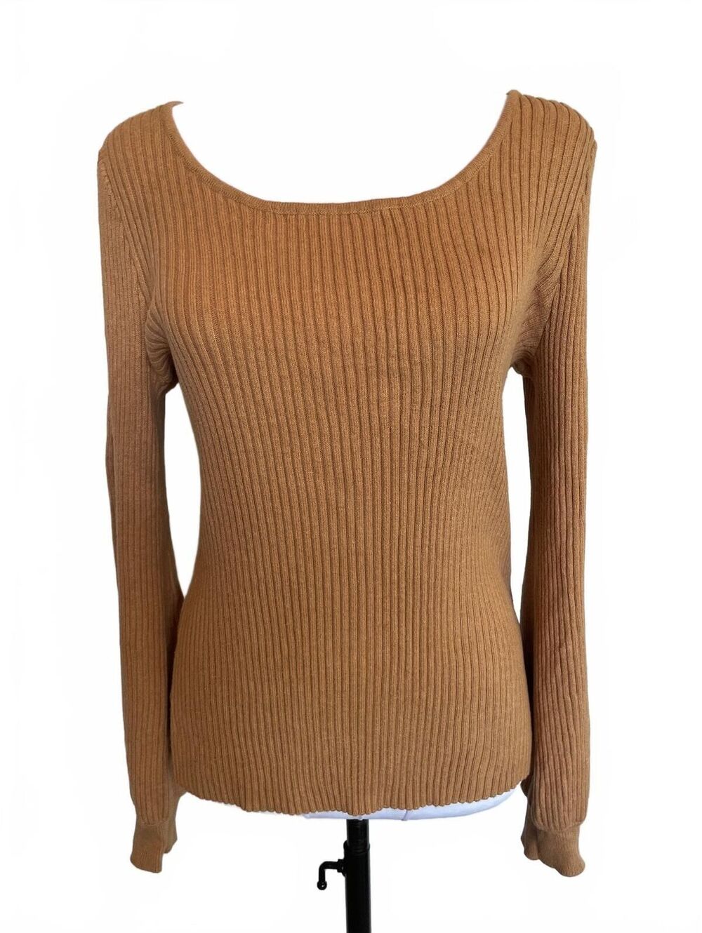 Piper Taupe Ribbed Knit Scoop Neck Sweater S 90s Minimalist Neutral Capsule